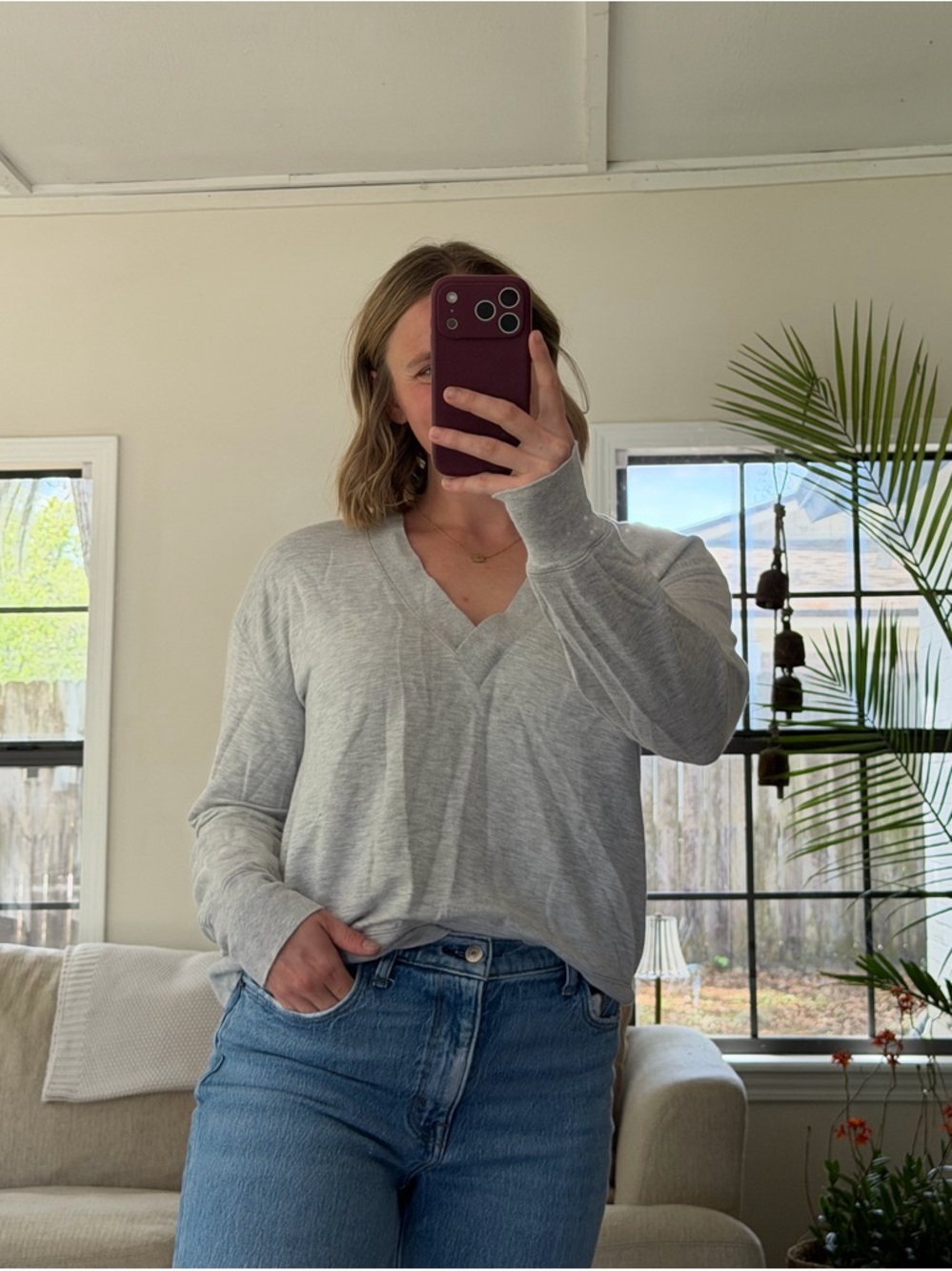 Rag & Bone Lightweight Gray V-Neck Long Sleeve Top